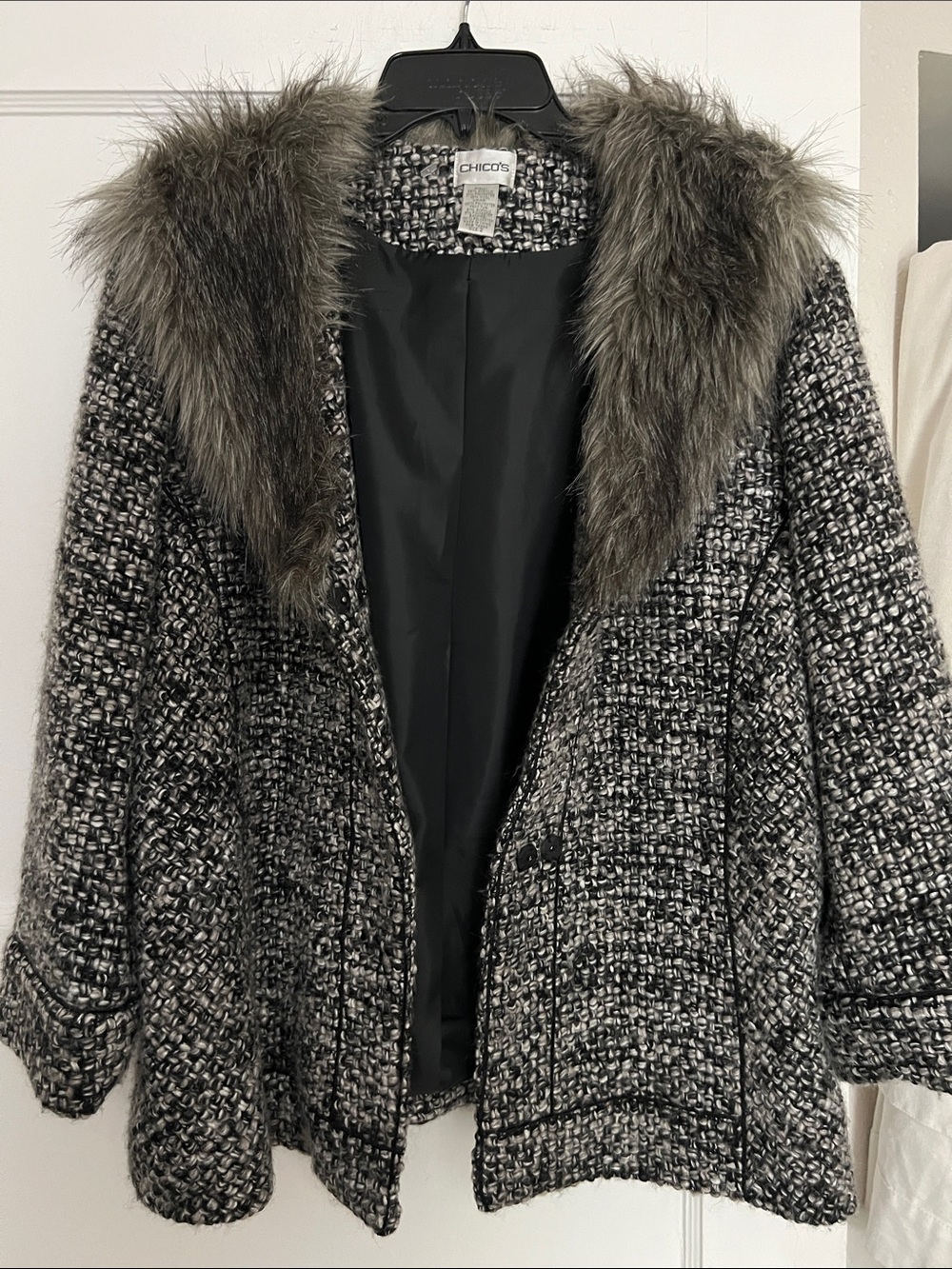 Chico's Black and Gray Tweed Pea Coat with Faux Fur Collar